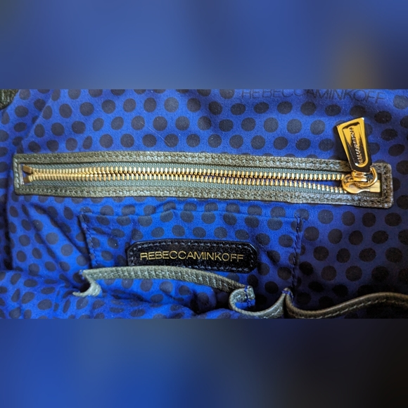 EUC Rebecca Minkoff dark green shiny soft leather interior blue/blk polka dot - Picture 6 of 14